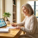 Femme mûre organisant des documents financiers et consultant des graphiques sur tablette. Elle planifie sa succession.