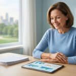 Femme souriante d'âge mûr regardant des graphiques financiers sur une tablette, planifiant sa retraite à la maison.
