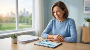 Femme souriante d'âge mûr regardant des graphiques financiers sur une tablette, planifiant sa retraite à la maison.