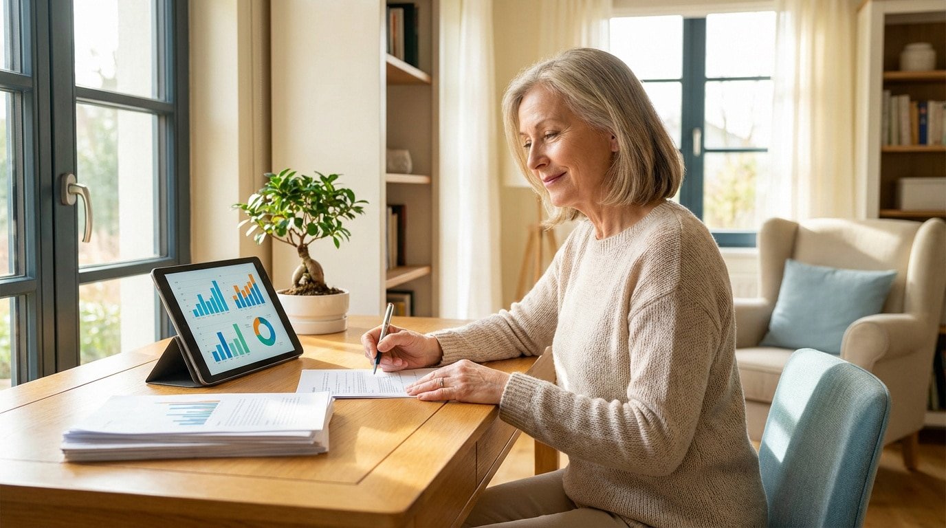 Femme mûre organisant des documents financiers et consultant des graphiques sur tablette. Elle planifie sa succession.