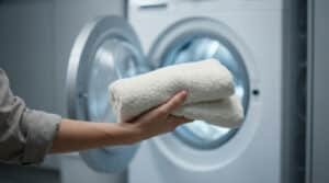 Main tenant des serviettes blanches moelleuses devant une machine à laver ouverte, tambour éclairé. Linge propre.