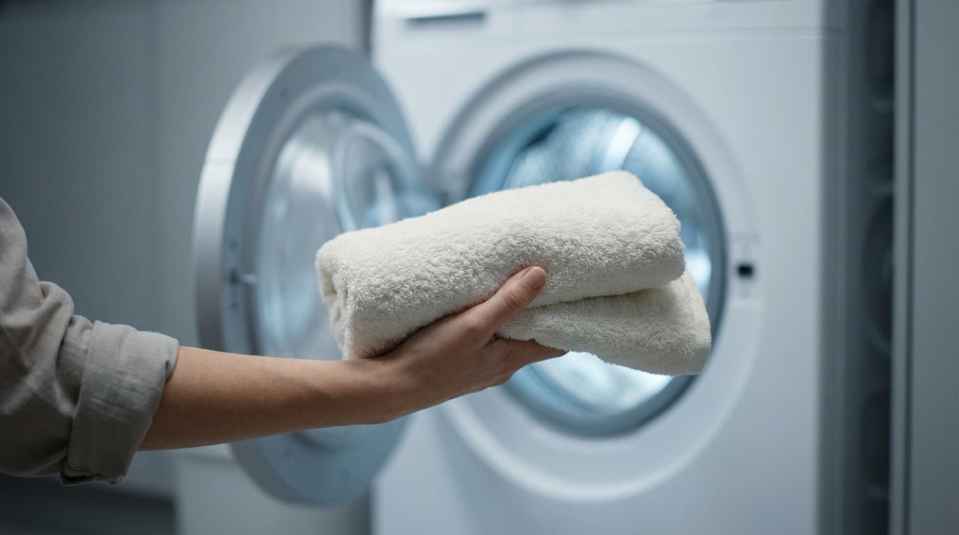 Main tenant des serviettes blanches moelleuses devant une machine à laver ouverte, tambour éclairé. Linge propre.