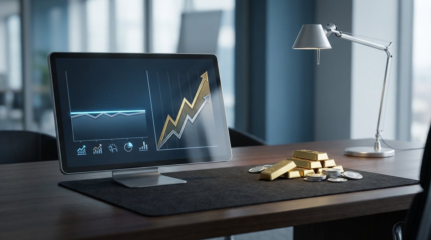 Modern financial desk with a screen showing stable and upward trend graphs, alongside polished gold bars and silver coins.