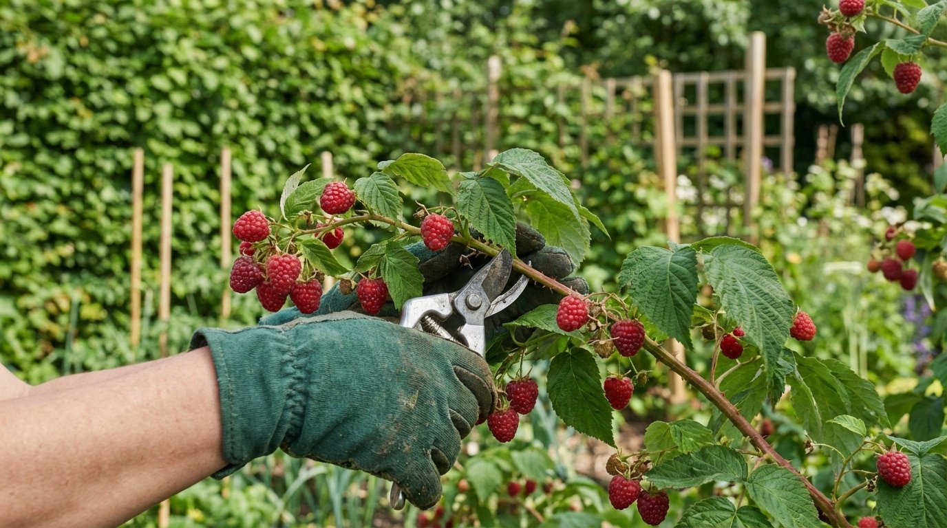 Main gantée taillant un framboisier remontant avec des sécateurs, des framboises rouges mûres sont visibles.