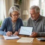 A senior couple reviews financial documents and a tablet showing a downward trend graph, conveying thoughtful concern in a home setting.