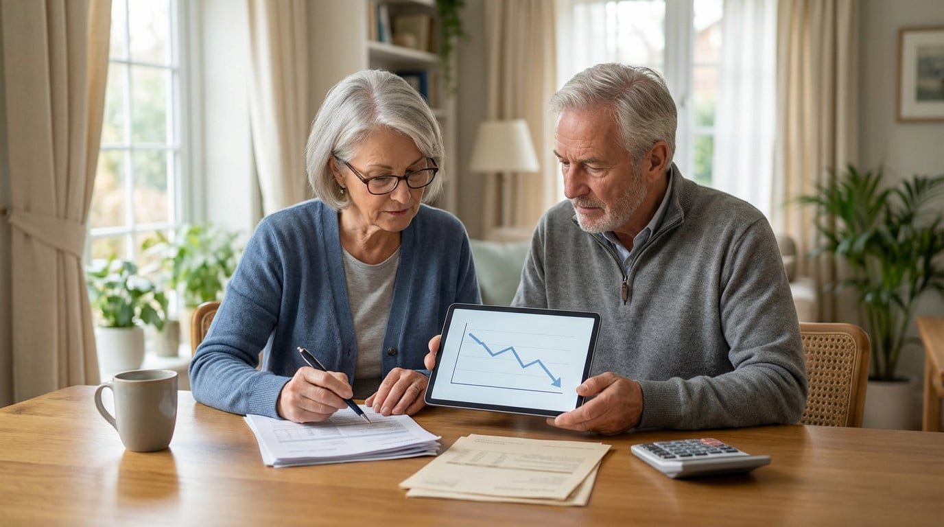 A senior couple reviews financial documents and a tablet showing a downward trend graph, conveying thoughtful concern in a home setting.