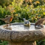Une mésange bleue éclabousse dans un bain d'oiseaux en pierre, un moineau boit et un rouge-gorge observe, sous un soleil doux.