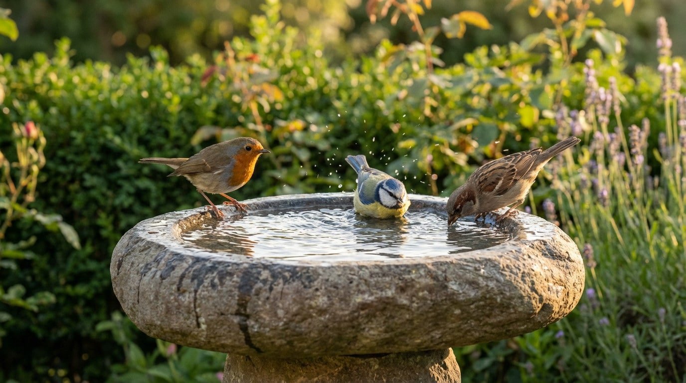 Une mésange bleue éclabousse dans un bain d'oiseaux en pierre, un moineau boit et un rouge-gorge observe, sous un soleil doux.
