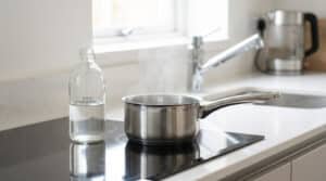 Une bouteille de vinaigre blanc et une casserole fumante sur une plaque de cuisson dans une cuisine moderne. Préparation au détartrage.