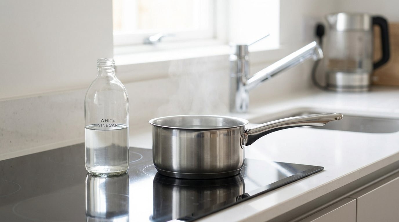 Une bouteille de vinaigre blanc et une casserole fumante sur une plaque de cuisson dans une cuisine moderne. Préparation au détartrage.