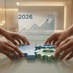 Mains assemblant puzzle et rouages devant écran "2026" et graphique de croissance, symbolisant la réforme des retraites.