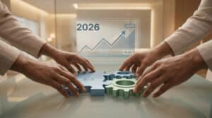 Mains assemblant puzzle et rouages devant écran "2026" et graphique de croissance, symbolisant la réforme des retraites.