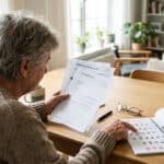Vue de dos d'une personne âgée lisant des documents de retraite et pointant une date sur un calendrier de mars 2026, planifiant ses finances.