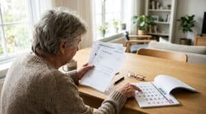 Vue de dos d'une personne âgée lisant des documents de retraite et pointant une date sur un calendrier de mars 2026, planifiant ses finances.
