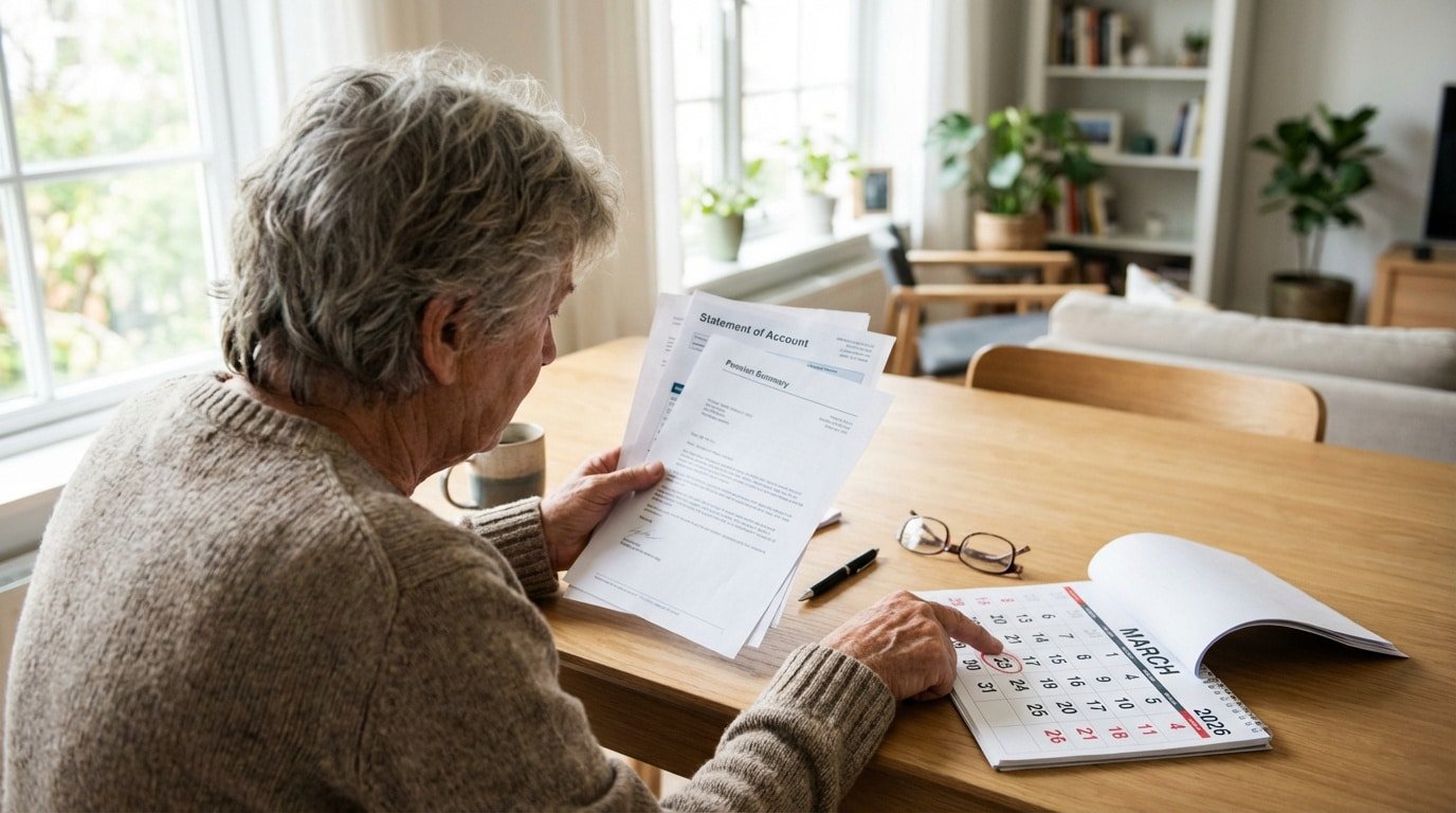 Vue de dos d'une personne âgée lisant des documents de retraite et pointant une date sur un calendrier de mars 2026, planifiant ses finances.