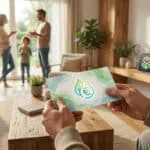 Mains d'un homme tenant une carte "Chèque Énergie" (feuille et euro) dans un salon lumineux. Famille floue et date "APRIL" visible.