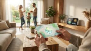 Mains d'un homme tenant une carte "Chèque Énergie" (feuille et euro) dans un salon lumineux. Famille floue et date "APRIL" visible.