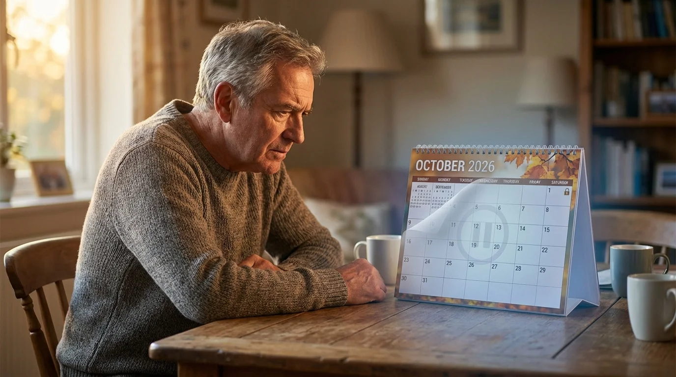 Un homme âgé et pensif regarde attentivement un calendrier de bureau ouvert sur octobre 2026, avec une date marquée.