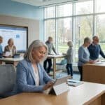 Seniors dans un bureau moderne avec fenêtres. Ils consultent des documents et utilisent des tablettes. Un écran affiche "FÉVRIER 2026".