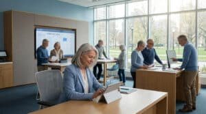 Seniors dans un bureau moderne avec fenêtres. Ils consultent des documents et utilisent des tablettes. Un écran affiche "FÉVRIER 2026".