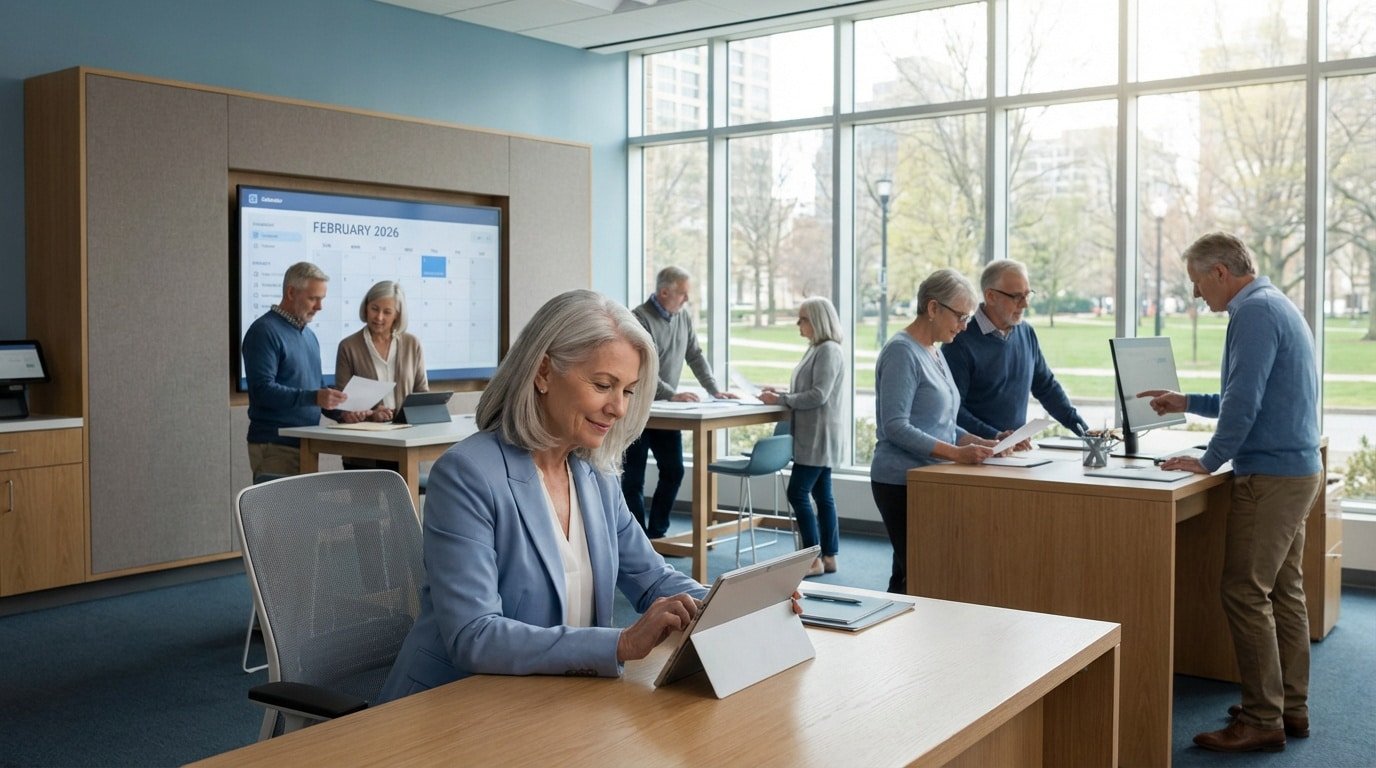 Seniors dans un bureau moderne avec fenêtres. Ils consultent des documents et utilisent des tablettes. Un écran affiche "FÉVRIER 2026".