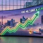 Écran LED incurvé affichant la hausse du CAC 40 à 7865 points (+1.57%), une flèche verte, la skyline de Paris et des symboles pétroliers dans un atrium.