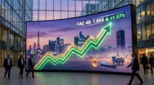 Écran LED incurvé affichant la hausse du CAC 40 à 7865 points (+1.57%), une flèche verte, la skyline de Paris et des symboles pétroliers dans un atrium.