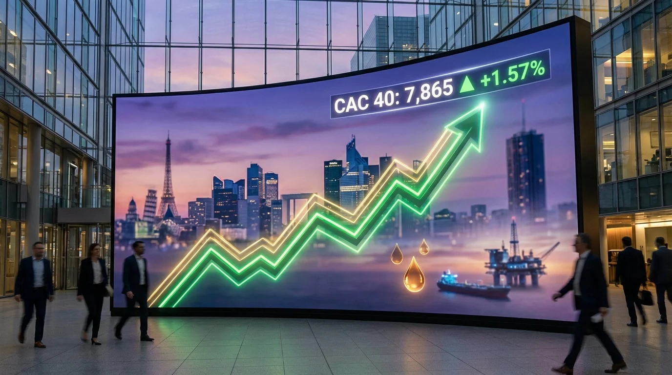 Écran LED incurvé affichant la hausse du CAC 40 à 7865 points (+1.57%), une flèche verte, la skyline de Paris et des symboles pétroliers dans un atrium.
