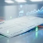 Chèque bancaire entouré d'éléments numériques : cadenas verts lumineux, codes binaires et graphiques. Symbolise la sécurité anti-fraude.