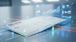 Chèque bancaire entouré d'éléments numériques : cadenas verts lumineux, codes binaires et graphiques. Symbolise la sécurité anti-fraude.