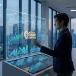 Un homme interagit avec un écran tactile holographique affichant des données financières et une clé d'exonération fiscale, vue sur la ville.