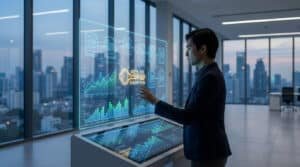 Un homme interagit avec un écran tactile holographique affichant des données financières et une clé d'exonération fiscale, vue sur la ville.