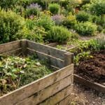 Un composteur en bois rempli de déchets végétaux variés et un potager avec des jeunes pousses dans un jardin verdoyant.
