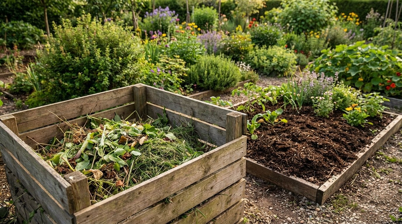 Un composteur en bois rempli de déchets végétaux variés et un potager avec des jeunes pousses dans un jardin verdoyant.