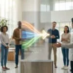 Un homme présente une réforme sur un écran transparent devant un groupe diversifié. Des lignes colorées fusionnent, avec l'année 2027.