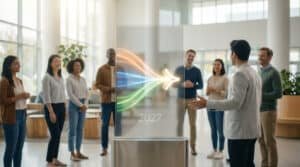 Un homme présente une réforme sur un écran transparent devant un groupe diversifié. Des lignes colorées fusionnent, avec l'année 2027.