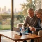 Un couple de seniors souriants regarde un graphique financier de croissance projeté sur une tablette, assis dans leur salon lumineux.