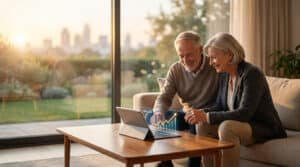 Un couple de seniors souriants regarde un graphique financier de croissance projeté sur une tablette, assis dans leur salon lumineux.
