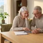 Un couple de retraités souriants examine des documents fiscaux sur une tablette dans leur salon lumineux.