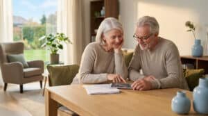 Un couple de retraités souriants examine des documents fiscaux sur une tablette dans leur salon lumineux.