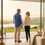 Couple de seniors main dans la main, contemplant un lac et des collines verdoyantes au coucher du soleil depuis une maison moderne.