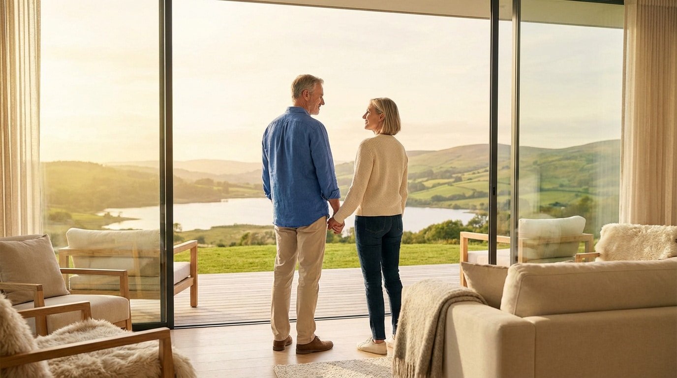 Couple de seniors main dans la main, contemplant un lac et des collines verdoyantes au coucher du soleil depuis une maison moderne.