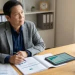 Homme d'affaires asiatique mûr réfléchit à son bureau, entouré de documents financiers, d'une tablette et d'un calendrier 2026.