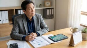 Homme d'affaires asiatique mûr réfléchit à son bureau, entouré de documents financiers, d'une tablette et d'un calendrier 2026.