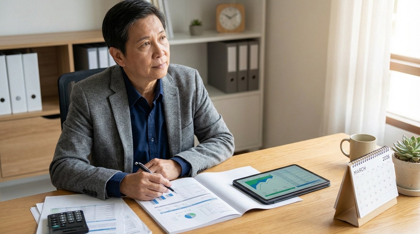 Homme d'affaires asiatique mûr réfléchit à son bureau, entouré de documents financiers, d'une tablette et d'un calendrier 2026.