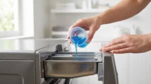 Une main verse du détergent bleu d'un gobelet doseur dans le bac d'une machine à laver grise, soulignant le dosage correct.