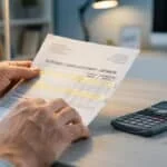 Un homme examine un relevé de carrière retraite montrant des trimestres de cotisation manquants avec une calculatrice.