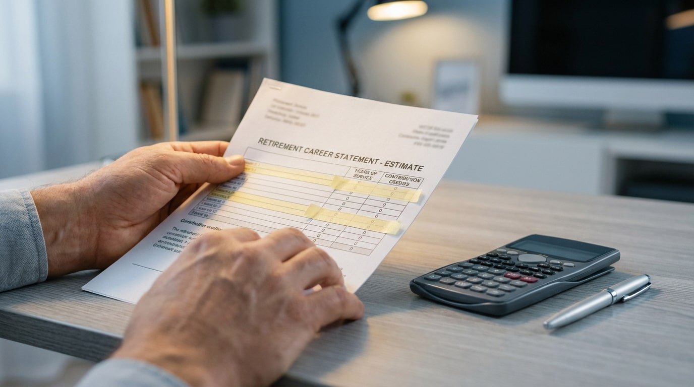 Un homme examine un relevé de carrière retraite montrant des trimestres de cotisation manquants avec une calculatrice.