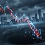 Un graphique boursier plongeant, affichant 1,4 billion de dollars, tombe dans un trou noir devant une ville sous un ciel orageux.