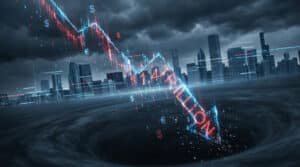 Un graphique boursier plongeant, affichant 1,4 billion de dollars, tombe dans un trou noir devant une ville sous un ciel orageux.